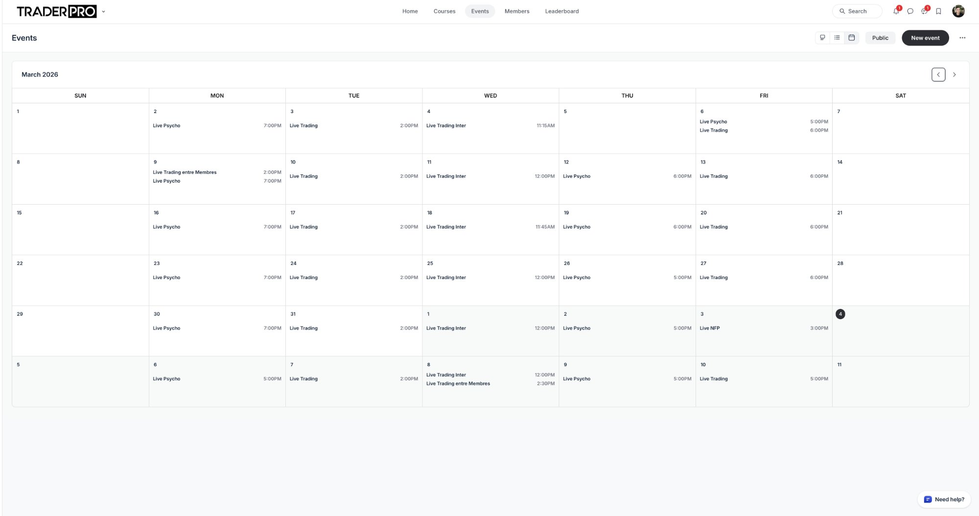 Calendrier des sessions en direct