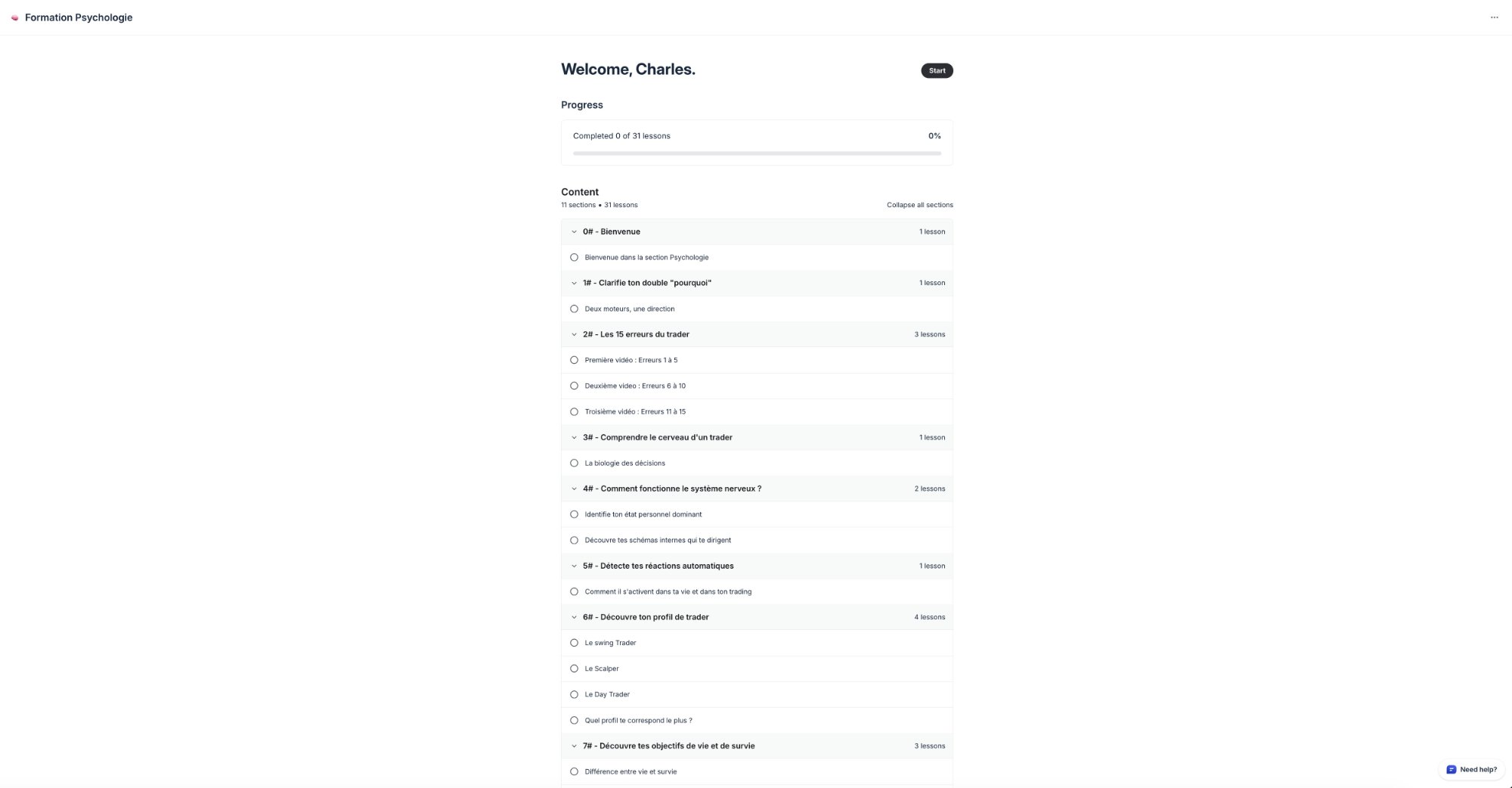 Formation Psychologie — 11 sections, 31 leçons